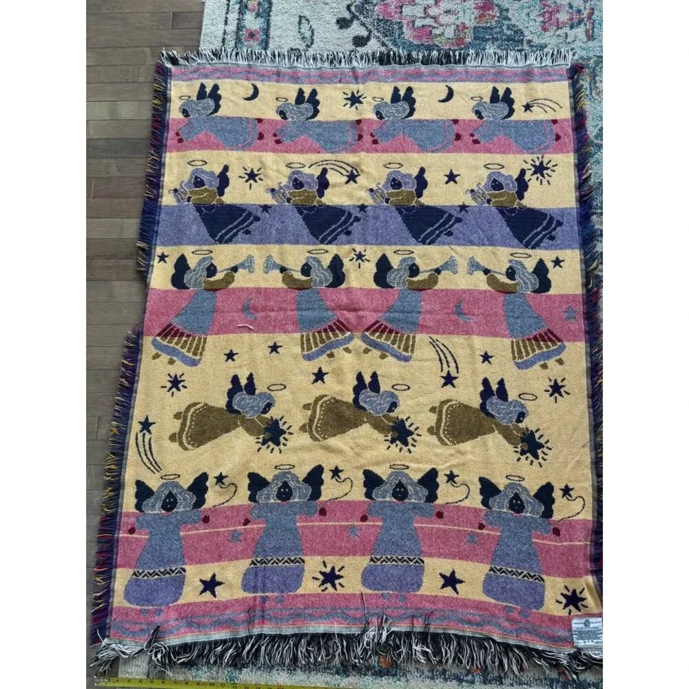 Vintage Crown Crafts Angel Tapestry Blanket - 90s Whimsigoth Cottagecore Fringe